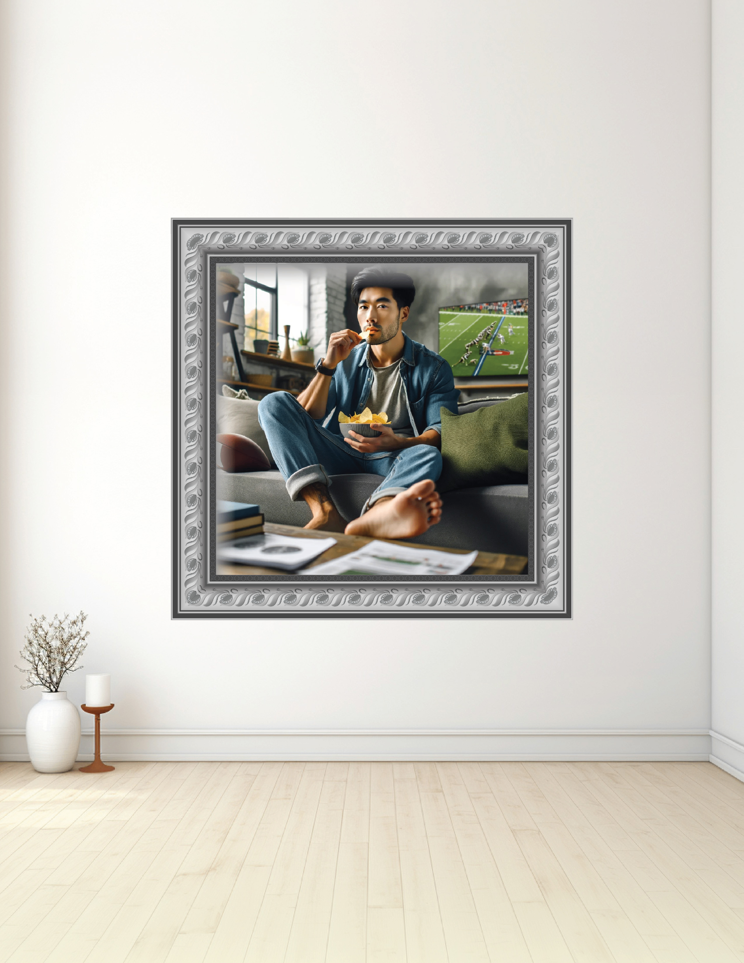 Guy on couch watching football in a silver frame